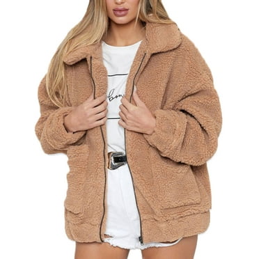 TnaIolr Women Coat Warm Faux Fur Fleece Coat Zipper Up Outwear Winter Lapel Jacket with Pockets 